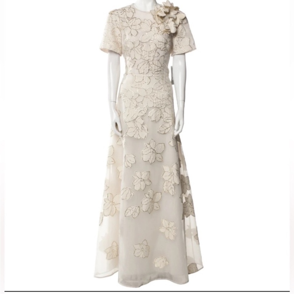 Rickie Freeman for Teri Jon Ivory Floral Maxi Dress with Gold edges size 8 New